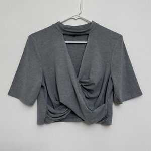 Topshop Gray Choker V-Neck Short Sleeve Twist Crop Top